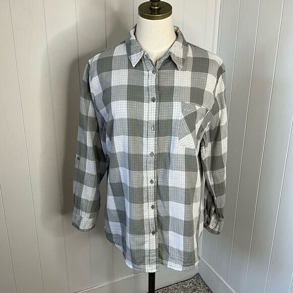 Womens Size XL Button Front Shirt Gray White Check Pattern Long Sleeve Collared - Picture 1 of 13